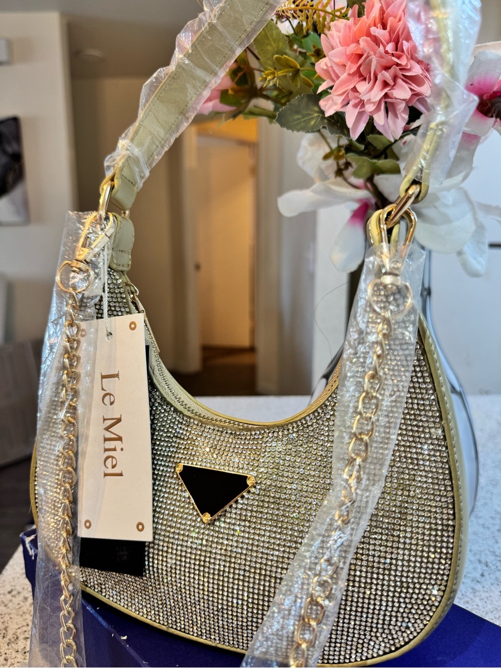 Le Miel Gold Rhinestone Shoulder Bag with Chain Strap